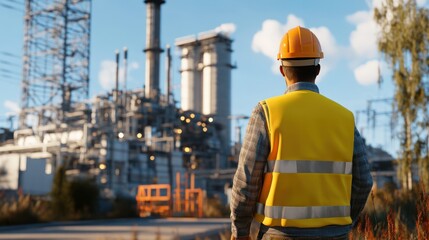 A man in a yellow vest and hard hat stands in front of a power plant