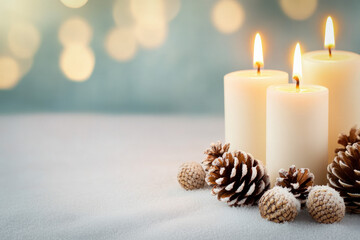 Sticker - Row Of White Candles On A Snow-White Surface, Each Candle Glowing Softly, Accompanied By Scattered Pinecones And A Hint Of Frost To Enhance The Wintry Feel