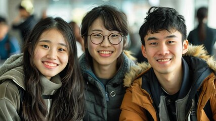 Poster - Three friends pose happily together in a bright indoor space, showing off their smiles and camaraderie while surrounded by other people in the background.