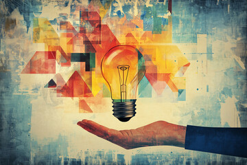 Poster - hand holding a light bulb. The light bulb is surrounded by a colorful background. Concept of creativity and innovation