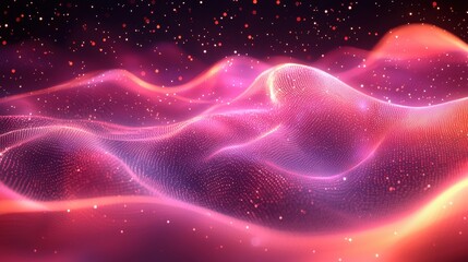 Poster - Abstract digital landscape with flowing waves and glowing particles in vibrant purple and pink colors at night