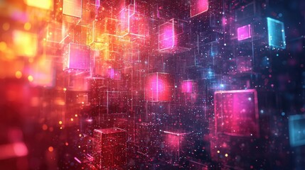 Poster - Colorful abstract digital cubes floating in a dark virtual space illuminated by vibrant lights