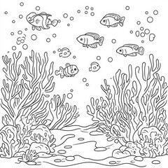 Underwater scene with fish and corals, coloring page for kids, simple outline illustration. Coloring book, simple lines.