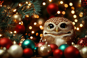 Canvas Print - Wallpaper Illustrating An Owl Sitting In A Decorated Christmas Tree, Surrounded By Colorful Ornaments And Glowing Lights, Creating A Cheerful Holiday Atmosphere