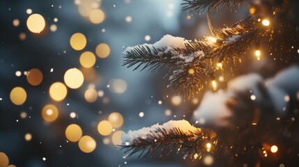 Wall Mural - christmas tree outdoor with snow, lights bokeh around, and snow falling, christmas atmosphere.