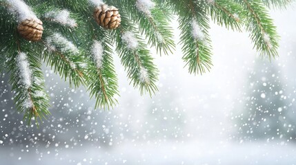 Wall Mural - christmas tree branches with a garland against falling snow.