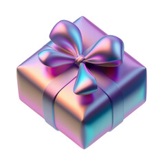 Wall Mural - pink and purple gift box with ribbon holographic iridescent 3d render icon isolated on transparent b