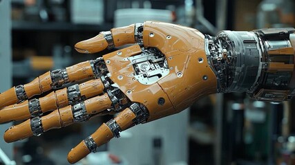 Poster - The robotic hand features intricate mechanics and design elements in a technical workshop. Prosthesis