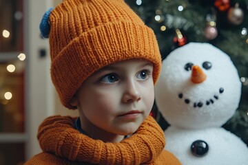 Young child in an orange winter hat and sweater stands beside a snowman decorated for the holidays