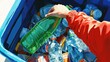 © Johannes - Generative AI illustration of an anonymous person in a red sleeve recycling a green plastic bottle, placing it into a blue bin filled with assorted recyclables