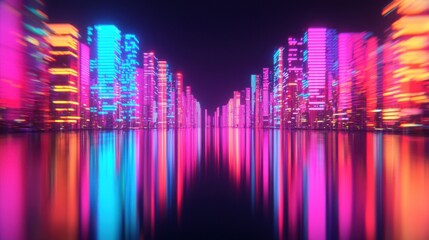 Abstract night cityscape with glowing lights and towering skyscrapers in a digital 3D urban skyline design