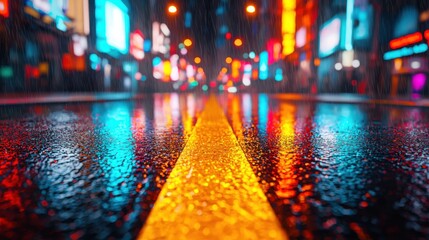 A vibrant night scene with city lights reflecting off water droplets on the ground and glass, creating a beautiful blur of abstract bokeh with street traffic and festive Christmas decorations