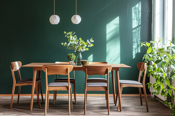 Dining chairs at round dining table against green wall. Scandinavian, mid-century home interior design of modern living room. Luxury minimalist living concept.	