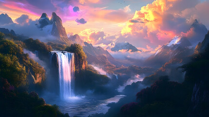 Poster - A beautiful landscape with a waterfall and mountains in the background. The sky is filled with clouds and the colors are vibrant, giving the scene a dreamy and peaceful atmosphere