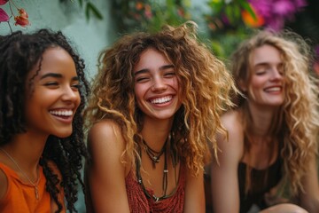 Group of diverse friends laughing and enjoying time together outdoors, Generative AI