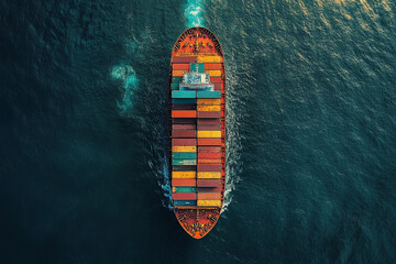 Top view of express Cargo container ocean ship carrying container and running out international container port customs shipyard sea port concept smart logistic service.