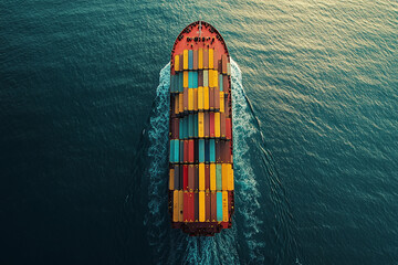 Top view of express Cargo container ocean ship carrying container and running out international container port customs shipyard sea port concept smart logistic service.