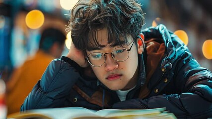 Aufkleber - A young individual wearing glasses rests their chin on their hand while studying at a cafe. The warm, soft lighting creates an inviting atmosphere perfect for concentration.