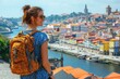 © Lhouis - Woman with backpack overlooking city. Perfect for travel blogs, articles, or marketing materials showcasing travel and exploration.