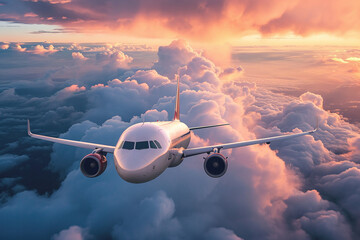 Passengers commercial airplane flying above clouds in sunset light. Concept of fast travel, holidays and business.	