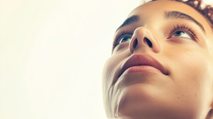 Close-Up Portrait of a Young Woman Looking Upwards