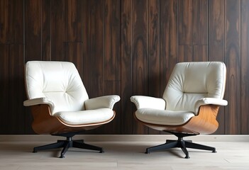 Two white leather swivel chairs with wooden elements near dark wooden paneling wall. Interior design of modern living room