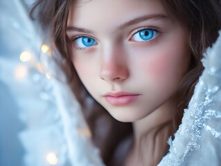 Canvas Print - A close up of a young girl with blue eyes and white feathers