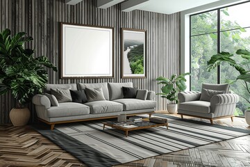 3D rendering interior design mockup living room grey sofa armchair window minimal style