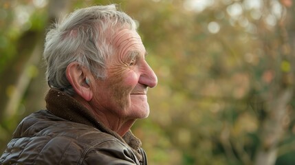 Sticker - Elderly Man Smiling Outdoors in Autumn, Wearing a Brown Jacket, with a Blurred Natural Background of Trees and Leaves