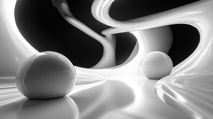 Poster - Dynamic abstract black interior featuring smooth white objects 3D illustration and rendering