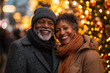 © Martinesku - Happy senior African American couple enjoying a New Year and Christmas street fair. Festive season in city surrounded by garlands and lights.