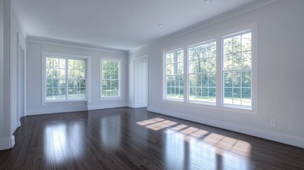 Poster - 3d rendering of a spacious living room featuring three windows and hardwood flooring in an empty hom