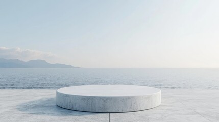 Poster - empty concrete floor with a circular white podium 3d rendering of a plaza overlooking the sea with a