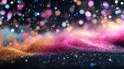 Poster - Abstract powder splatted background featuring a freeze motion effect of color powder exploding with a 3D cartoon rendering of colorful glitter texture on a black backdrop