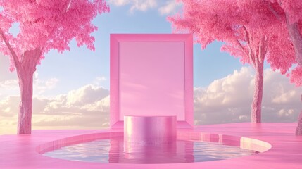 Poster - Pink abstract background featuring a cylindrical podium and frame in a 3D render