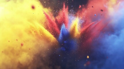 Poster - Explosion of yellow red and blue powder in a 3D cartoon rendering Freeze motion capture of color powder exploding 3D illustration