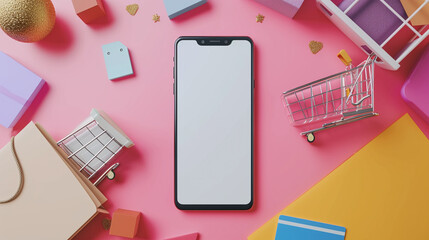 Online shopping through mobile application, marketplace with shipping and delivery, smartphone blank, mock up, white screen.