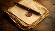 © Farn - 80. A warm-toned photo of a classic writing setup with a stack of aged papers, a calligraphy pen, and a sealing wax, using a vintage film camera effect