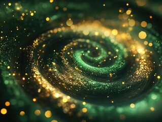 Poster - Glittering swirl with an abstract background featuring green and gold sparkles A fantasy fractal texture enhanced by shallow depth of field Digital artwork in 3D
