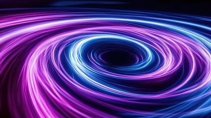 Poster - Neon circle lines in a 3D cartoon rendering featuring an empty copy space against a black background Colorful LED lights captured in a long exposure rotation photo showcasing eco friendly shiny li