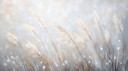  Abstract oil painting featuring soft pampas grass with a blurred bokeh effect showcasing dry reeds in a boho style against a white backdrop and fluffy winter grass stems