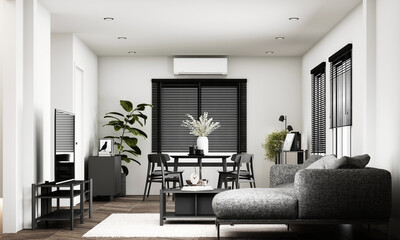 Wall Mural - A modern living room with minimalist black and white decor, featuring a cozy sofa, dining area, large windows with blinds, and indoor plants for a calming atmosphere. interior design. 3d rendering