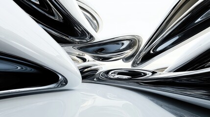 Poster - Dynamic interior featuring smooth black and white objects in an abstract design 3D illustration and rendering