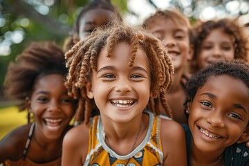 Diverse happy kids playing and laughing outdoors in the park