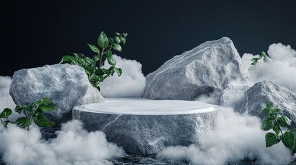 Poster - Podium featuring rocks and stones in a space like environment 3D rendered illustration Soft fluffy clouds and white foam complement the stone elements Product presentation mockup set against a dar
