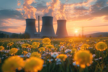 Nuclear power plant at sunset in a meadow with yellow flowers and green grass