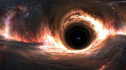 Poster - 360 degree massive black hole panorama in 3D cartoon rendering featuring equirectangular projection and environment map HDRI spherical panorama Space background with stars and a black hole 3D illu