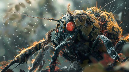 Wall Mural - close-up of a spiky insect with red eyes