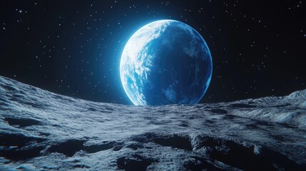 Wall Mural - 3d cartoon representation of a blue planet viewed from the lunar surface