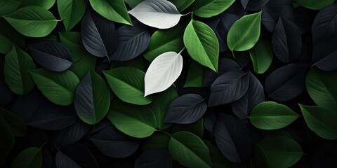 Green leaf background featuring contrasting black and white leaves, Contrasting black and white leaves on a green leaf background